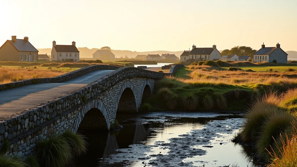 Historic stone bridge crossing tidal waterway with village buildings visible in background