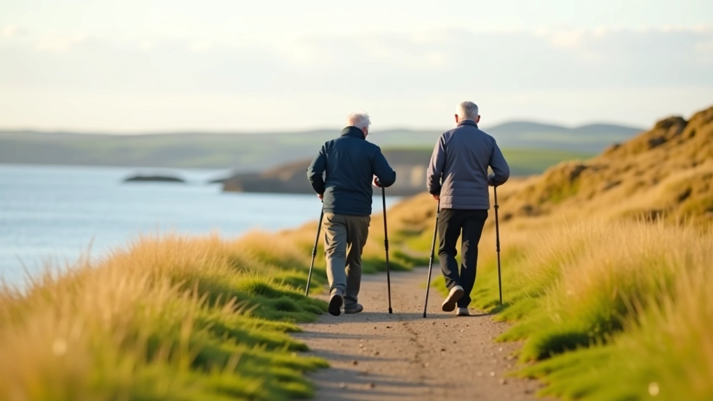 Mature adults walking together on coastal path, natural daylight, peaceful setting
