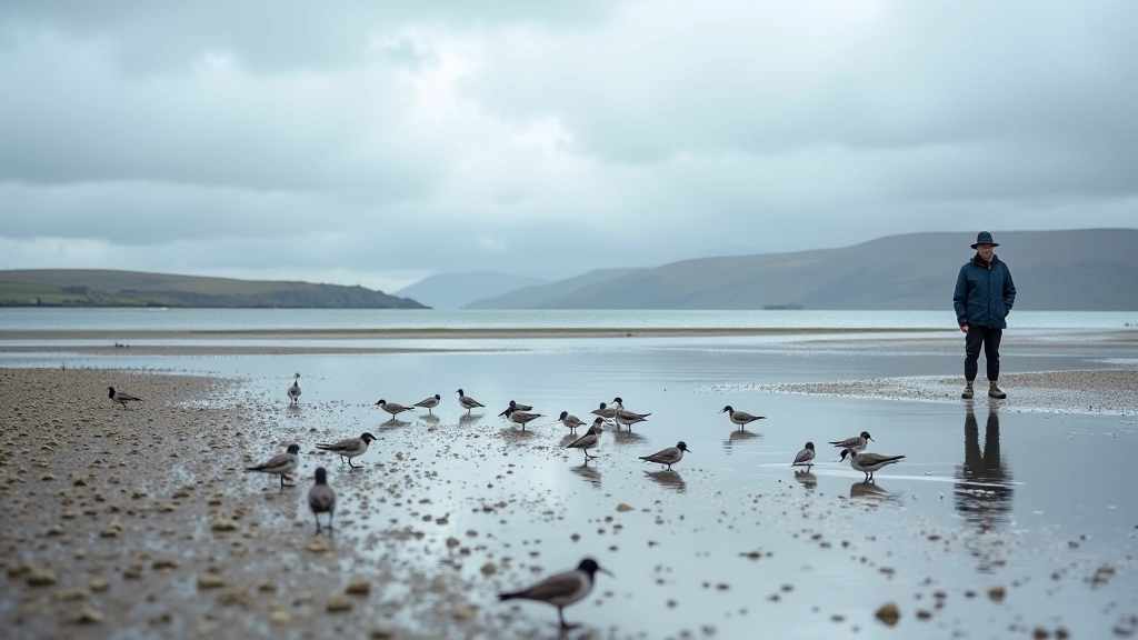 Tidal mudflats exposed at low tide, water channels visible, coastal landscape
