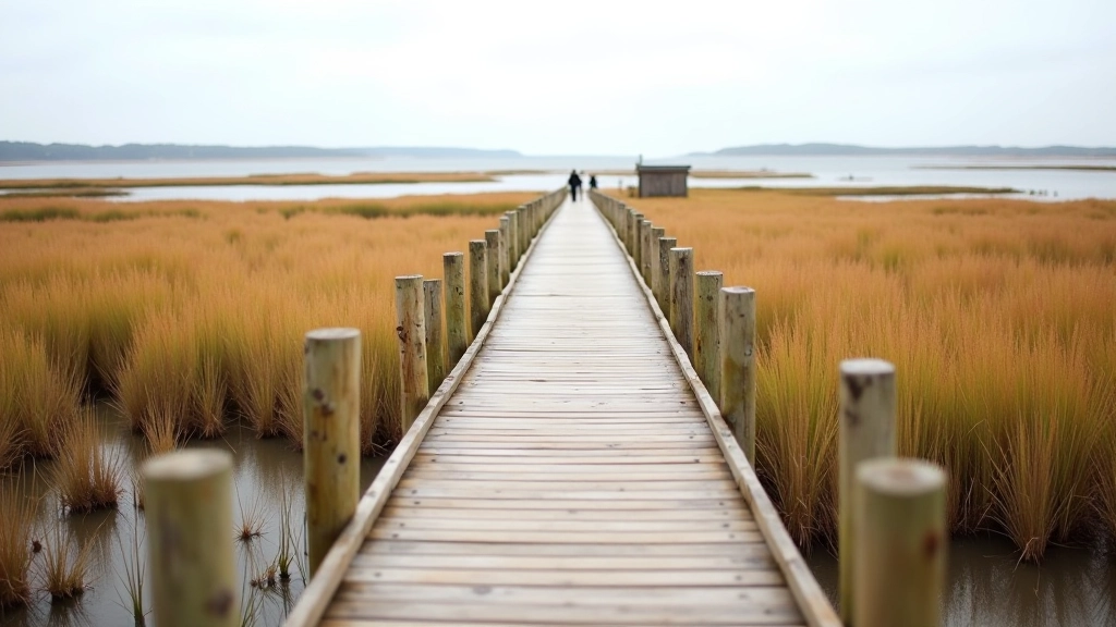 Wooden boardwalk pathway crossing through protected tidal marsh with native grasses and distant water view